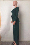 Green Fashion Casual Solid With Belt V Neck Regular Jumpsuits