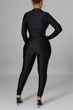 Svart Mode Casual Print Patchwork Skinny Jumpsuits med blixtlåskrage