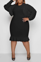 Черная повседневная однотонная юбка с оборками и круглым вырезом на талии Платья больших размеров