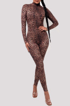 Leopardtryck Mode Sexigt tryck Leopard Basic Skinny Jumpsuits med turtleneck