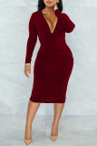 Red Sexy Solid Patchwork V Neck One Step Skirt Dresses