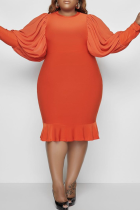 Tangerine Red Casual Solid Flounce O Neck Taille Rok Plus Size Jurken