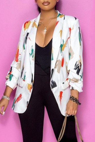 White Casual Print Patchwork Turn-back Collar Outerwear