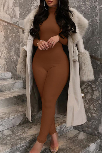 Brown Fashion Casual Solid Basic Turtleneck Skinny Jumpsuits