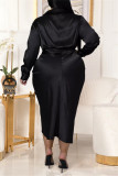 Vestidos casuais de moda pretos lisos com cinto gola aberta manga longa plus size
