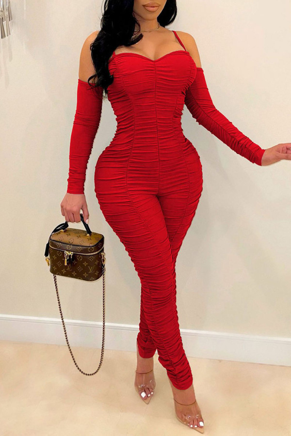 Red Sexy Solid Patchwork Fold Spaghetti Strap Regular Jumpsuits