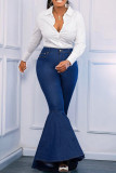 Calça jeans azul fashion casual sólida básica de cintura alta com corte de bota