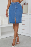 Faldas de mezclilla regular de cintura alta con abertura sólida casual de moda azul medio