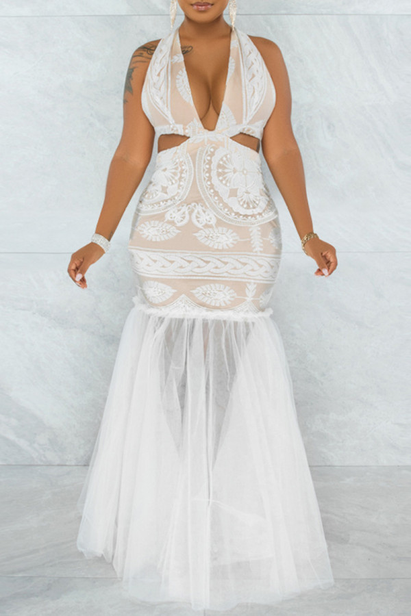 クリーム ホワイト ファッション パッチワーク プリント シースルー バックレス ホルター イブニング ドレス ドレス