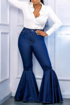 Blauwe mode casual effen basic hoge taille boot cut denim jeans