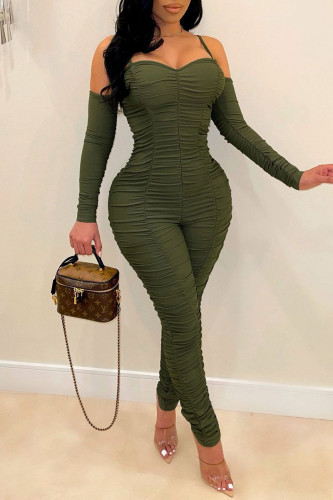 Olive Green Sexy Solid Patchwork Fold Spaghetti Strap Regular Jumpsuits