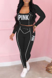 Black Fashion Casual Letter Print Patchwork U Neck Long Sleeve Two Pieces