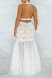 Cream White Fashion Patchwork Print See-through Backless Halter Evening Dress Dresses