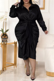 Mode décontractée noire solide avec ceinture col rabattu manches longues robes grande taille