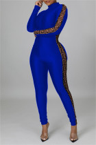 Blauwe mode casual print patchwork skinny jumpsuits met rits en kraag