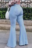 Babyblauwe straatstevige jeans met hoge taille en patchwork