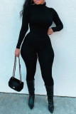 アーミーグリーン ファッション カジュアル ソリッド ベーシック タートルネック スキニー ジャンプスーツ