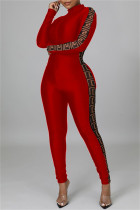 Rode mode casual print patchwork magere jumpsuits met ritssluiting en kraag