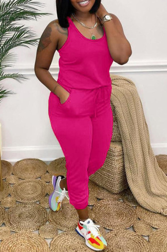 Rose Red Fashion Casual Solid Basic O Neck Regular Jumpsuits