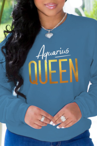Blue Casual Street Print Patchwork Letter O Neck Tops