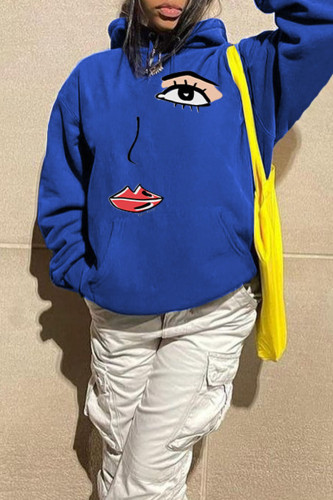 Blue Casual Street Print Split Joint Hooded Collar Tops