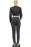 Black Sexy Solid Hollowed Out Patchwork Fold Asymmetrical O Neck Long Sleeve Two Pieces