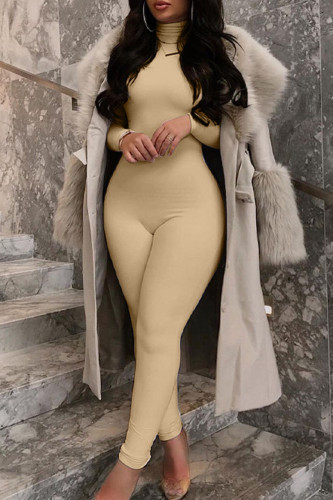 Khaki Fashion Casual Solid Basic Turtleneck Skinny Jumpsuits