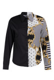 Black White Casual Print Patchwork Buckle Turndown Collar Tops