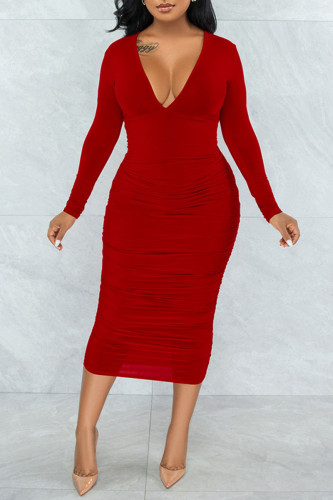 Red Sexy Solid Patchwork V Neck One Step Skirt Dresses
