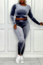 Silver Gray Sexy Solid Patchwork O Neck Long Sleeve Two Pieces