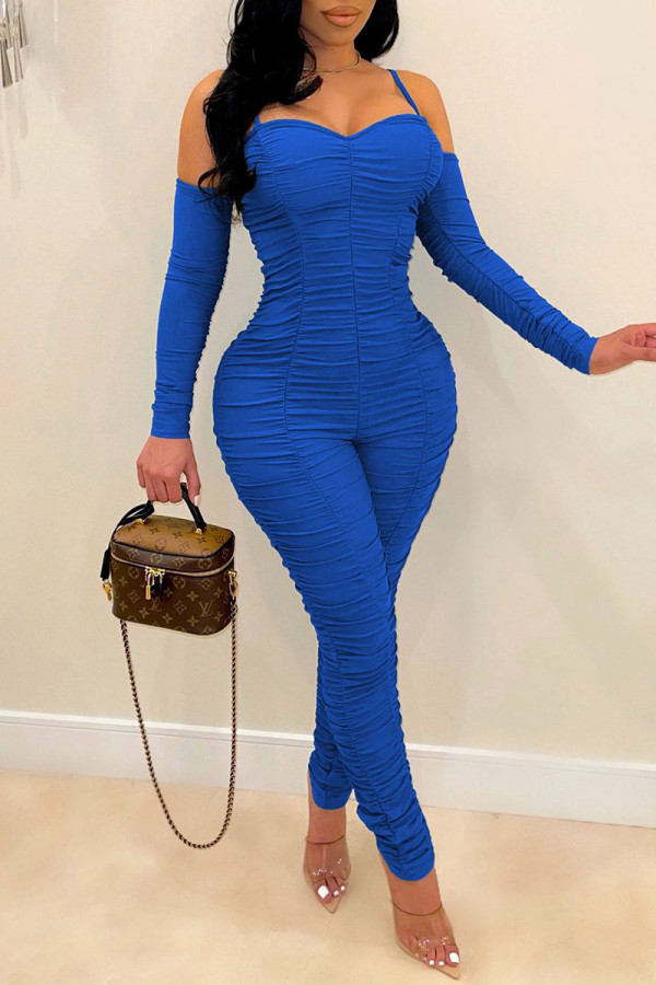 Blue Sexy Solid Patchwork Fold Spaghetti Strap Regular Jumpsuits