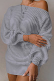 Vestidos retos em patchwork liso cinza casual com decote em bico