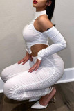 Weiße Mode Sexy Solide Ausgehöhlte Falte Asymmetrischer Rollkragen Langarm Zwei Stücke