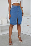 Medium Blue Fashion Casual Solid Slit High Waist Regular Denim Skirts