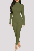 Army Green Fashion Casual Solid Basic Rollkragen Skinny Jumpsuits