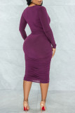 Vestidos de falda de un paso con cuello en V de patchwork sólido sexy púrpura