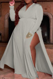 ホワイト カジュアル ソリッド パッチワーク Vネック ストレート プラスサイズ ドレス
