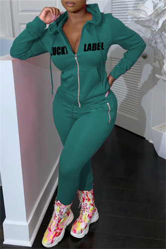 Green Fashion Casual Letter Print Patchwork Hooded Collar Long Sleeve Two Pieces