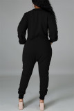 Black Fashion Casual Solid Patchwork Pocket V Neck Regular Jumpsuits