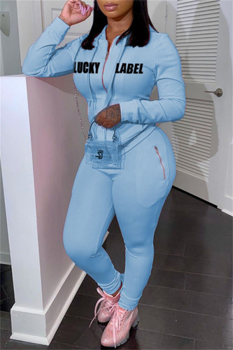 Light Blue Fashion Casual Letter Print Patchwork Hooded Collar Long Sleeve Two Pieces