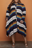 Stripe Casual Striped Print Patchwork Buckle Asymmetrical Turndown Collar Irregular Dress Plus Size Dresses