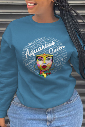 Blue Casual Vintage Print Letter O Neck Tops