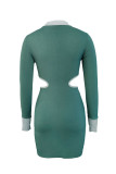 Green Fashion Sexy Solid Hollowed Out Patchwork O Neck Long Sleeve Dresses