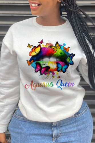 White Sexy Daily Butterfly Print Letter O Neck Tops
