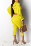 Yellow Casual Solid Patchwork Fold Hooded Collar Long Sleeve Two Pieces