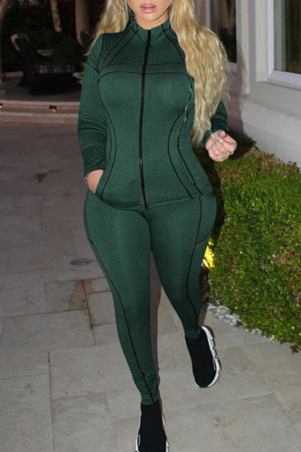 Army Green Casual Sportswear Solid Patchwork Zipper Collar Long Sleeve Two Pieces