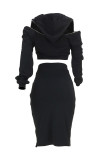 Black Sexy Casual Solid Hollowed Out Patchwork Zipper Hooded Collar Long Sleeve Two Pieces
