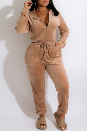Light Brown Fashion Casual Solid Basic Hooded Collar Regular Jumpsuits