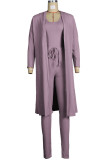 Rose violet mode décontracté solide cardigan gilets pantalons O cou manches longues ensemble de trois pièces