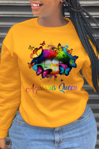 Yellow Sexy Daily Butterfly Print Letter O Neck Tops